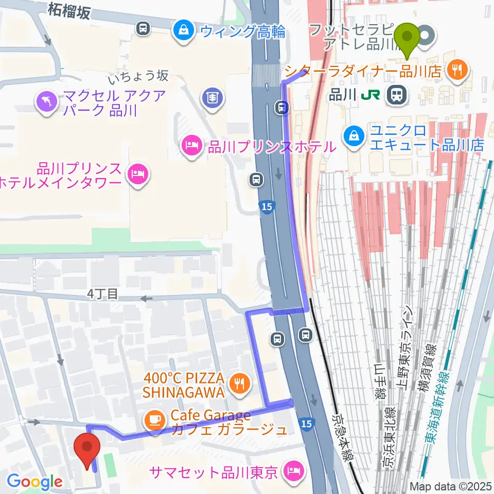 品川駅から高輪プリンセスガルテン アンビエンテ/アンディムジークへのルートマップ地図