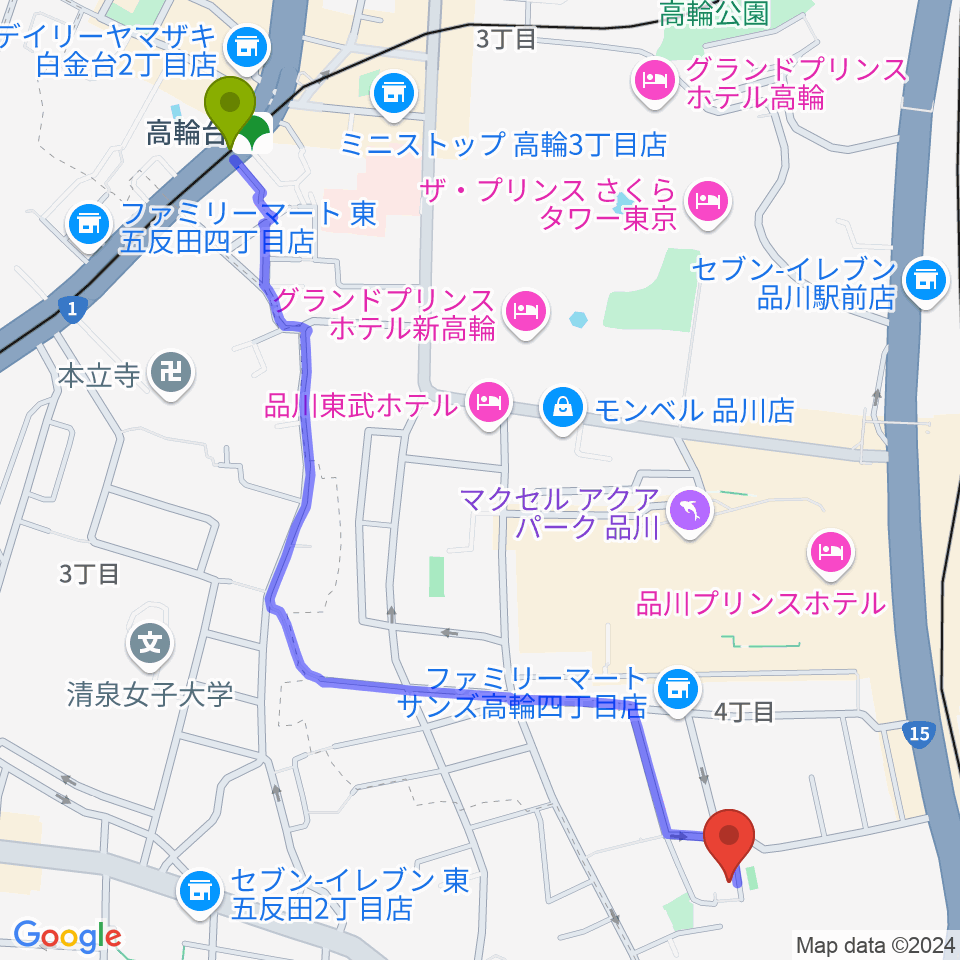 高輪台駅から高輪プリンセスガルテン アンビエンテ/アンディムジークへのルートマップ地図