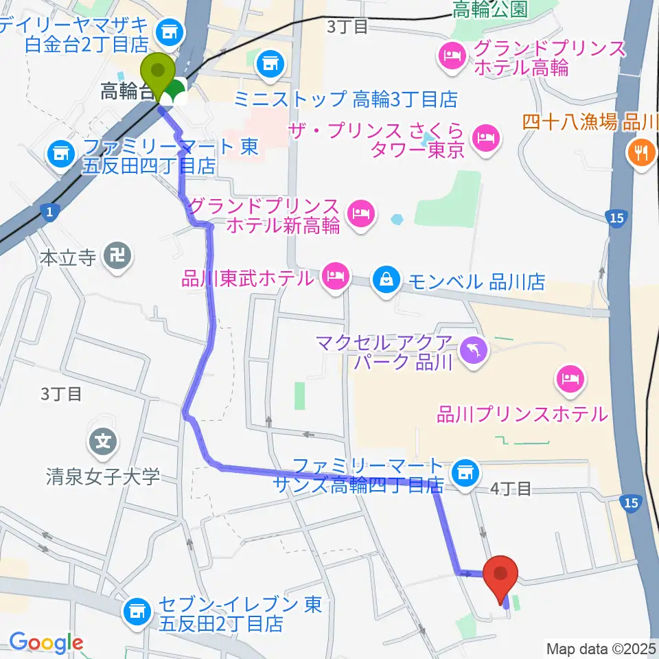 高輪台駅から高輪プリンセスガルテン アンビエンテ/アンディムジークへのルートマップ地図