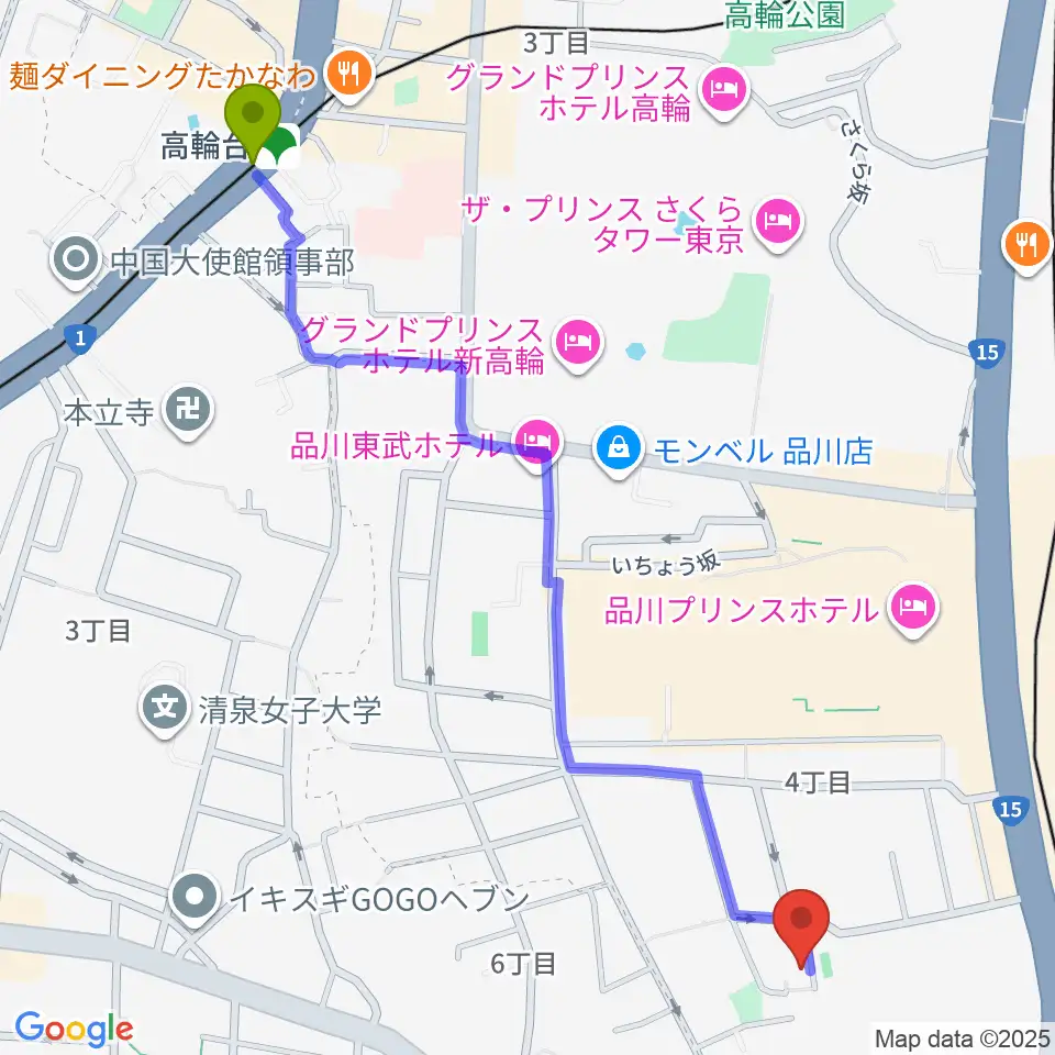 高輪台駅から高輪プリンセスガルテン アンビエンテ/アンディムジークへのルートマップ地図