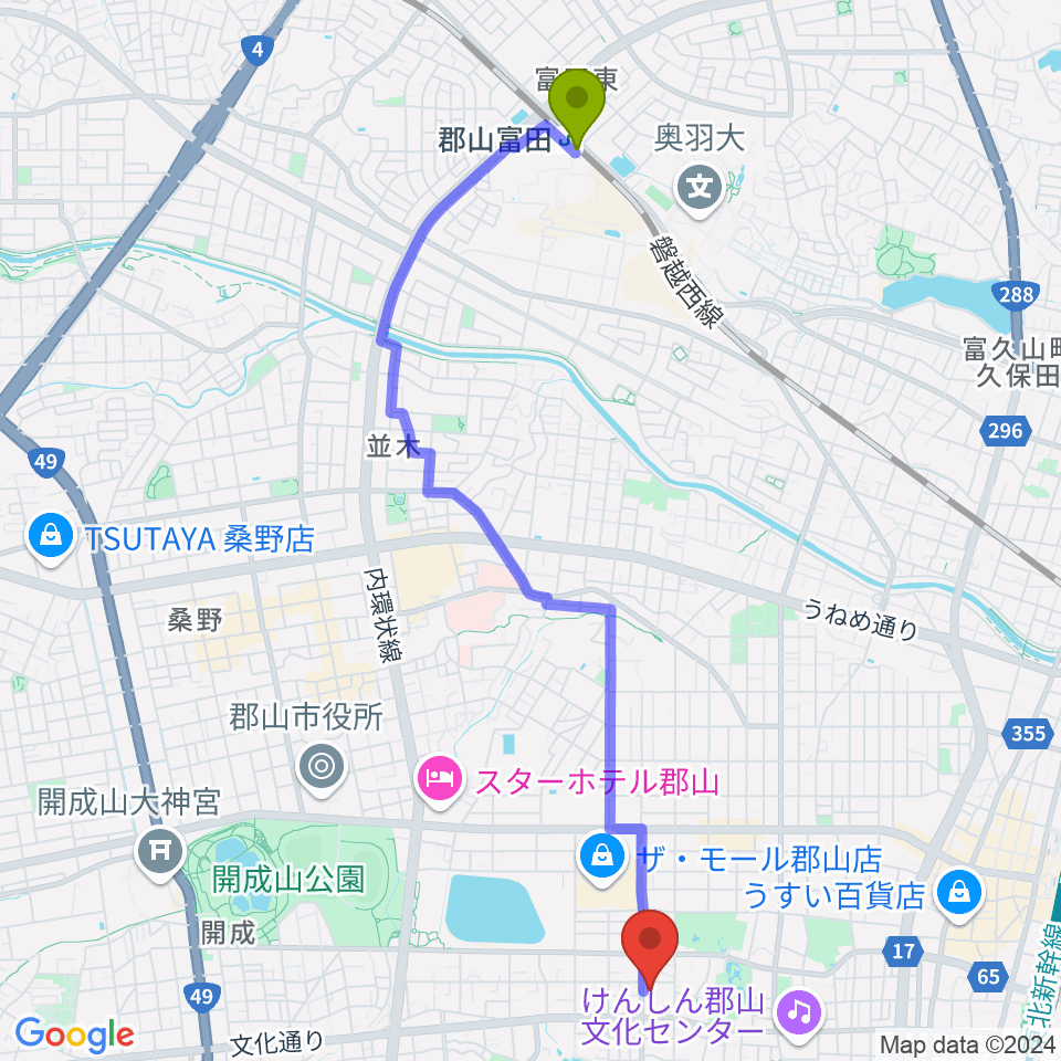 郡山富田駅から郡山市郡山公会堂へのルートマップ地図