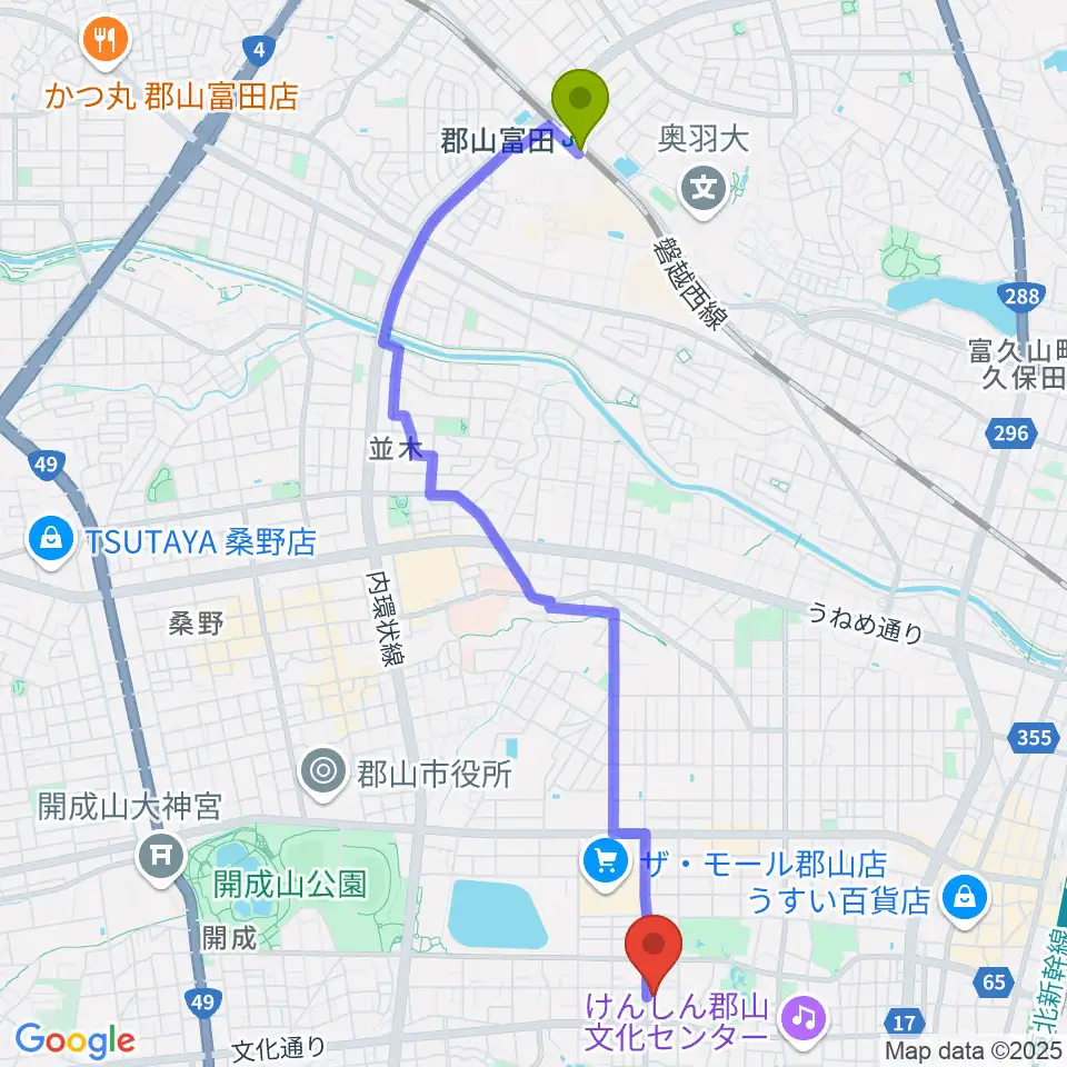 郡山富田駅から郡山市郡山公会堂へのルートマップ地図