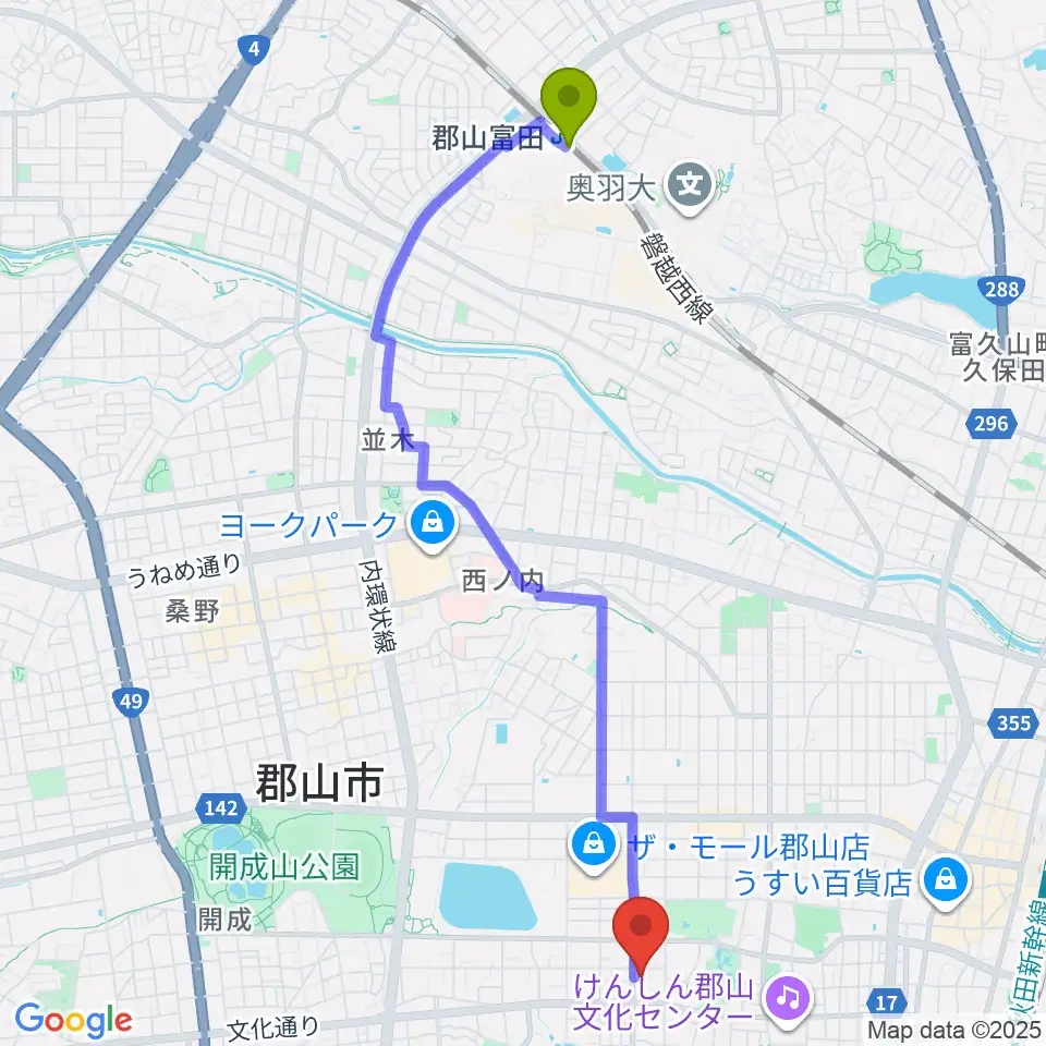 郡山富田駅から郡山市郡山公会堂へのルートマップ地図