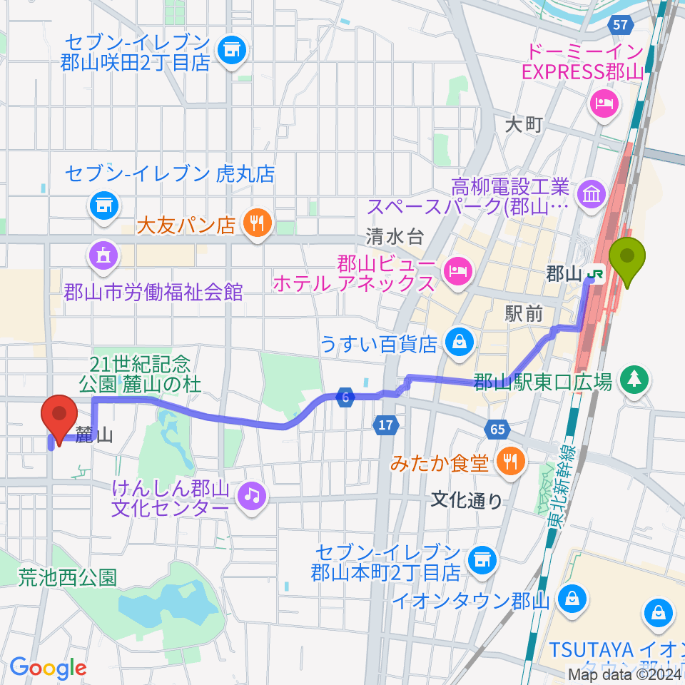 郡山市郡山公会堂の最寄駅郡山駅からの徒歩ルート（約26分）地図