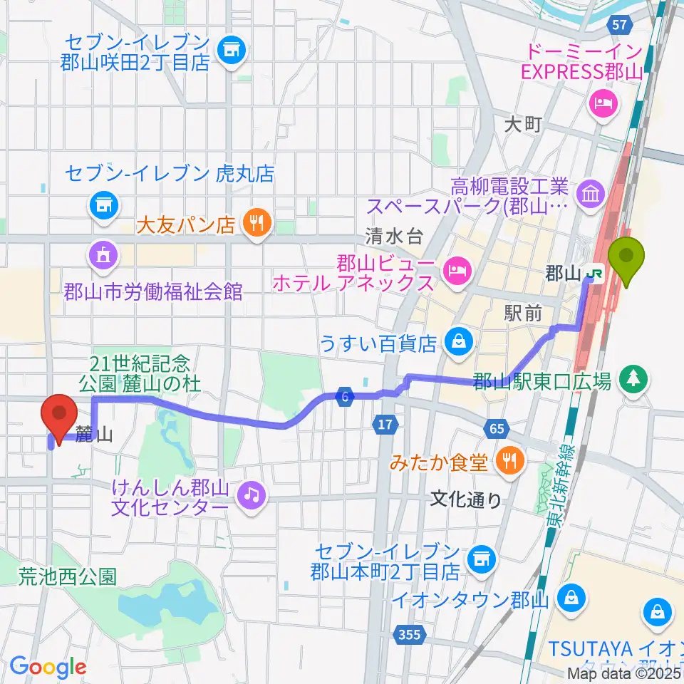 郡山市郡山公会堂の最寄駅郡山駅からの徒歩ルート（約26分）地図