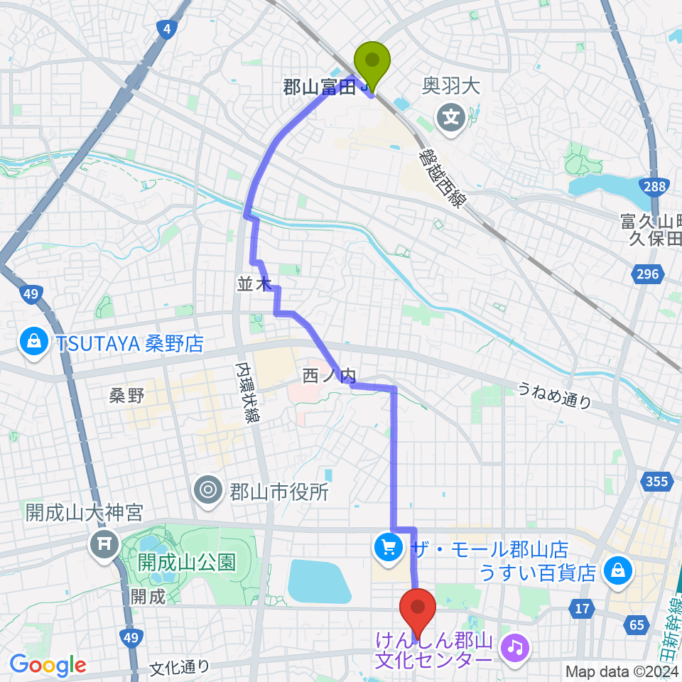 郡山富田駅から郡山市中央公民館・勤労青少年ホームへのルートマップ地図