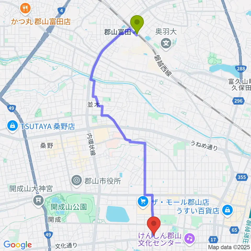 郡山富田駅から郡山市中央公民館・勤労青少年ホームへのルートマップ地図