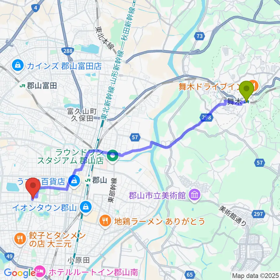 舞木駅から郡山市中央公民館・勤労青少年ホームへのルートマップ地図