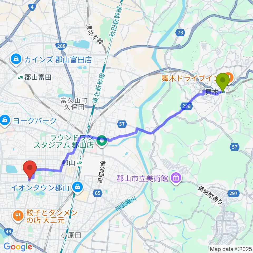 舞木駅から郡山市中央公民館・勤労青少年ホームへのルートマップ地図