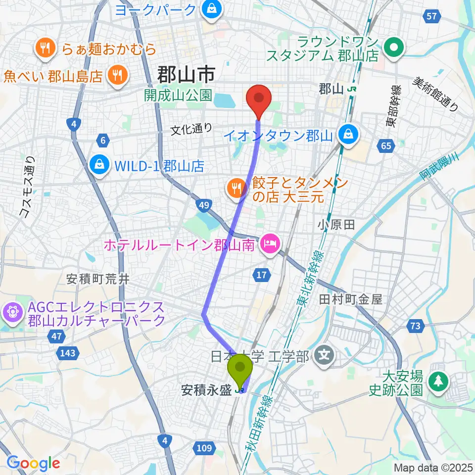 安積永盛駅から郡山市中央公民館・勤労青少年ホームへのルートマップ地図