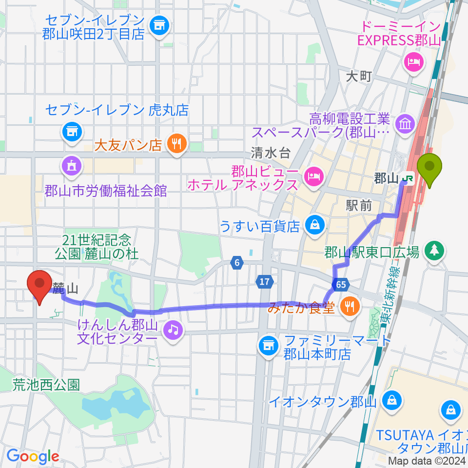 郡山市中央公民館・勤労青少年ホームの最寄駅郡山駅からの徒歩ルート（約26分）地図