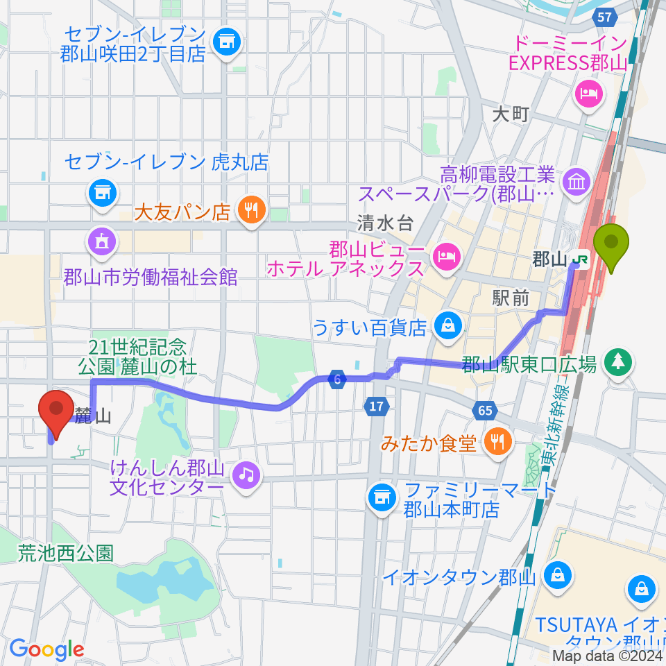 郡山市中央公民館・勤労青少年ホームの最寄駅郡山駅からの徒歩ルート（約26分）地図