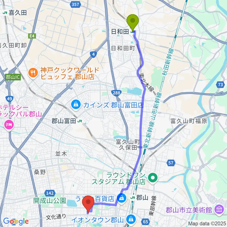 日和田駅から郡山市中央公民館・勤労青少年ホームへのルートマップ地図