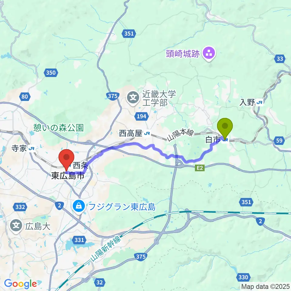 白市駅から東広島芸術文化ホールくららへのルートマップ地図