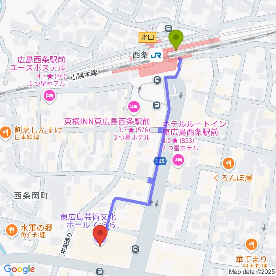東広島芸術文化ホールくららの最寄駅西条駅からの徒歩ルート（約6分）地図