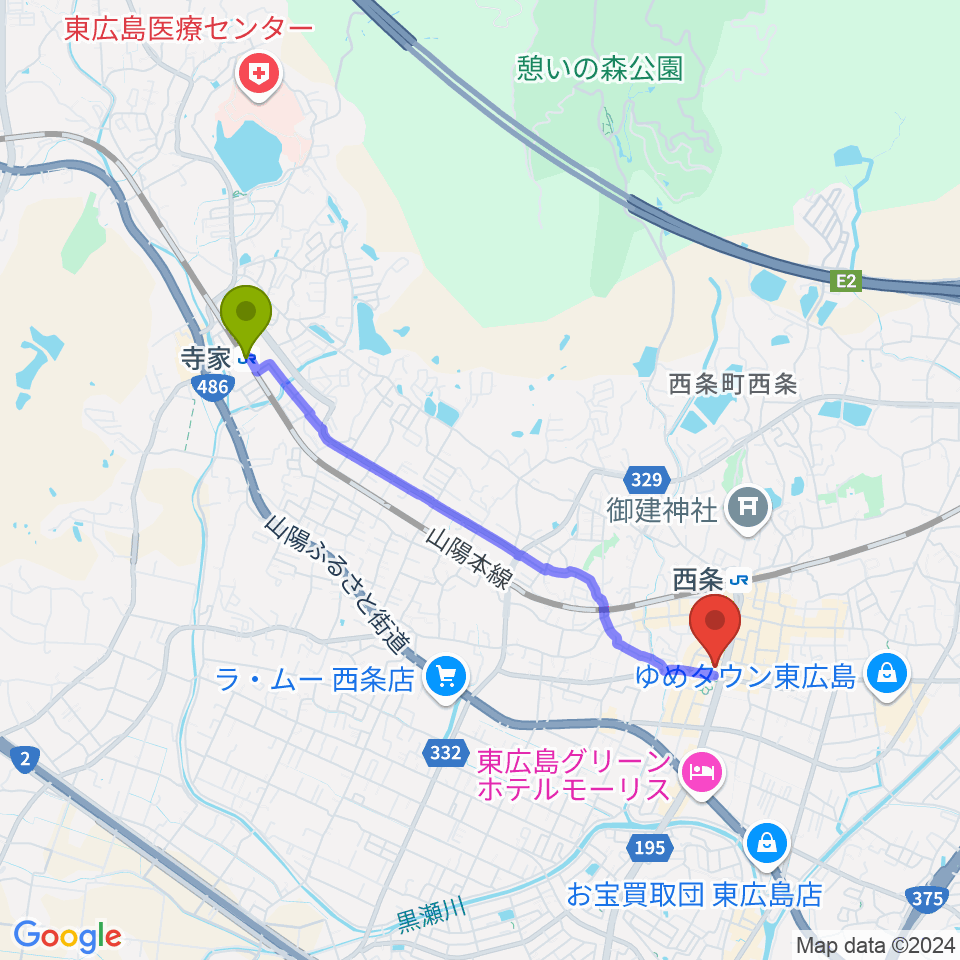 寺家駅から東広島芸術文化ホールくららへのルートマップ地図