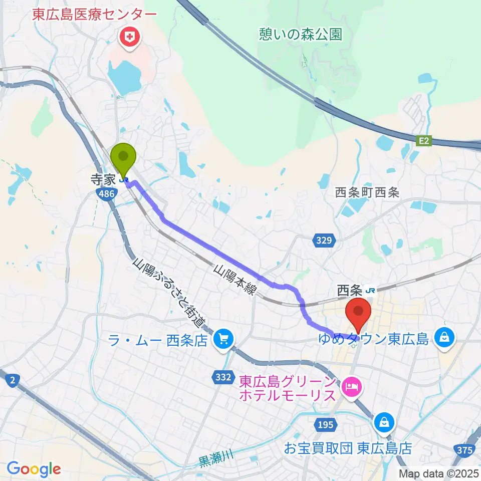 寺家駅から東広島芸術文化ホールくららへのルートマップ地図