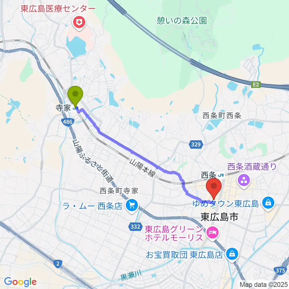 寺家駅から東広島芸術文化ホールくららへのルートマップ地図