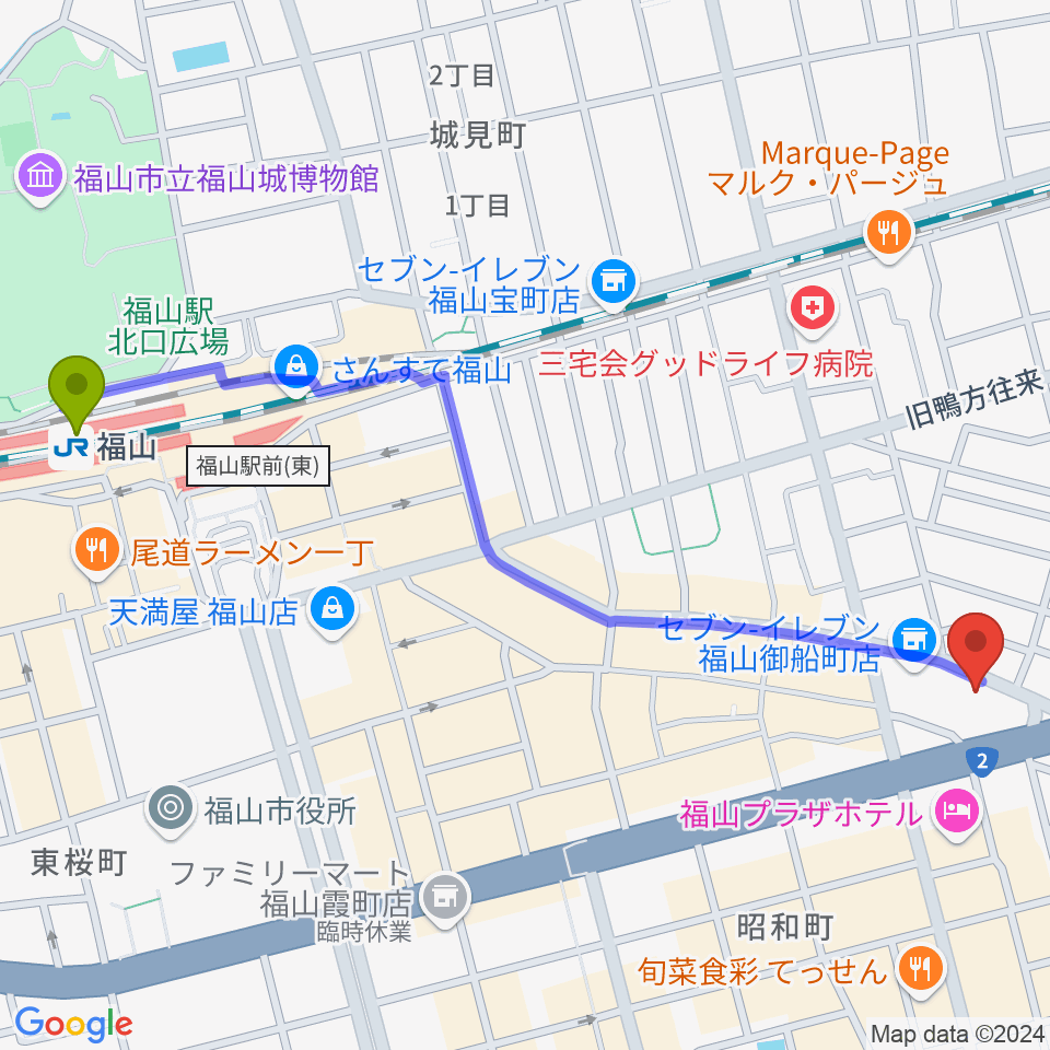 福山ガンズの最寄駅福山駅からの徒歩ルート（約14分）地図