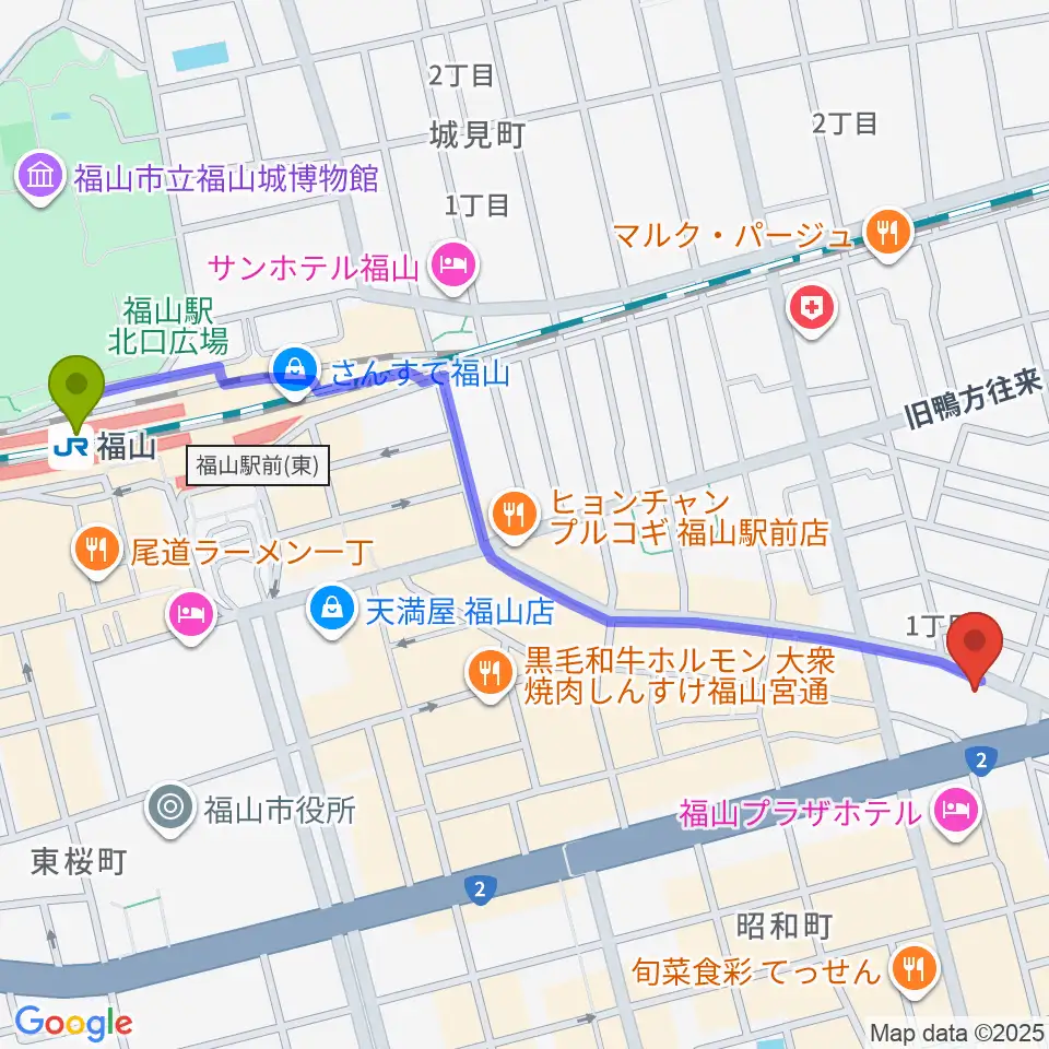 福山ガンズの最寄駅福山駅からの徒歩ルート（約14分）地図