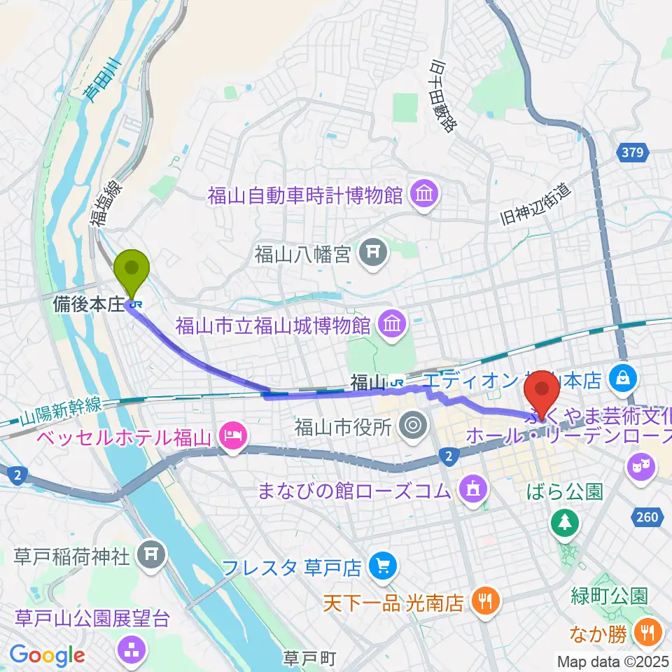 備後本庄駅から福山ガンズへのルートマップ地図