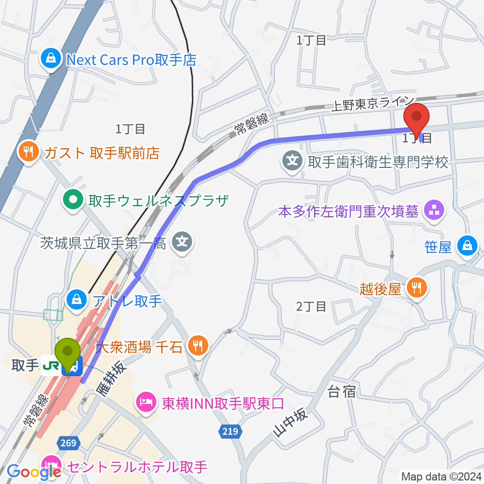 取手Atelier ju-tou（アトリエ ジュトウ）の最寄駅取手駅からの徒歩ルート（約13分）地図