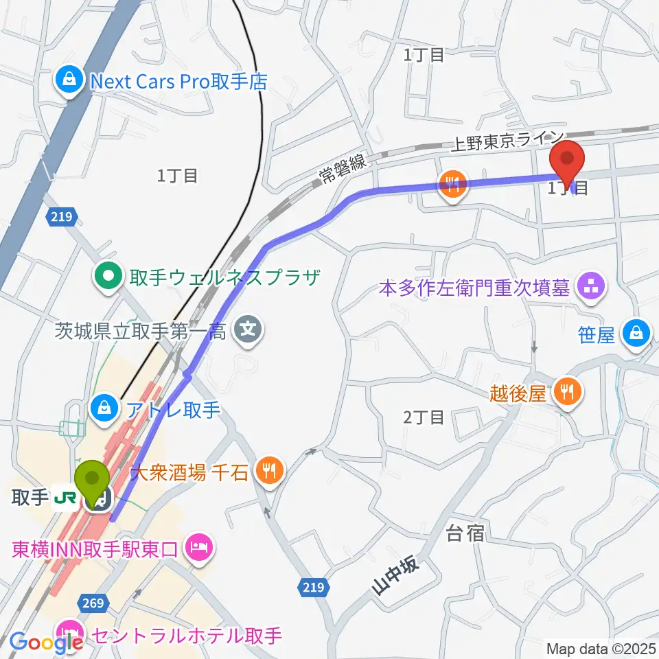 取手Atelier ju-tou（アトリエ ジュトウ）の最寄駅取手駅からの徒歩ルート（約13分）地図