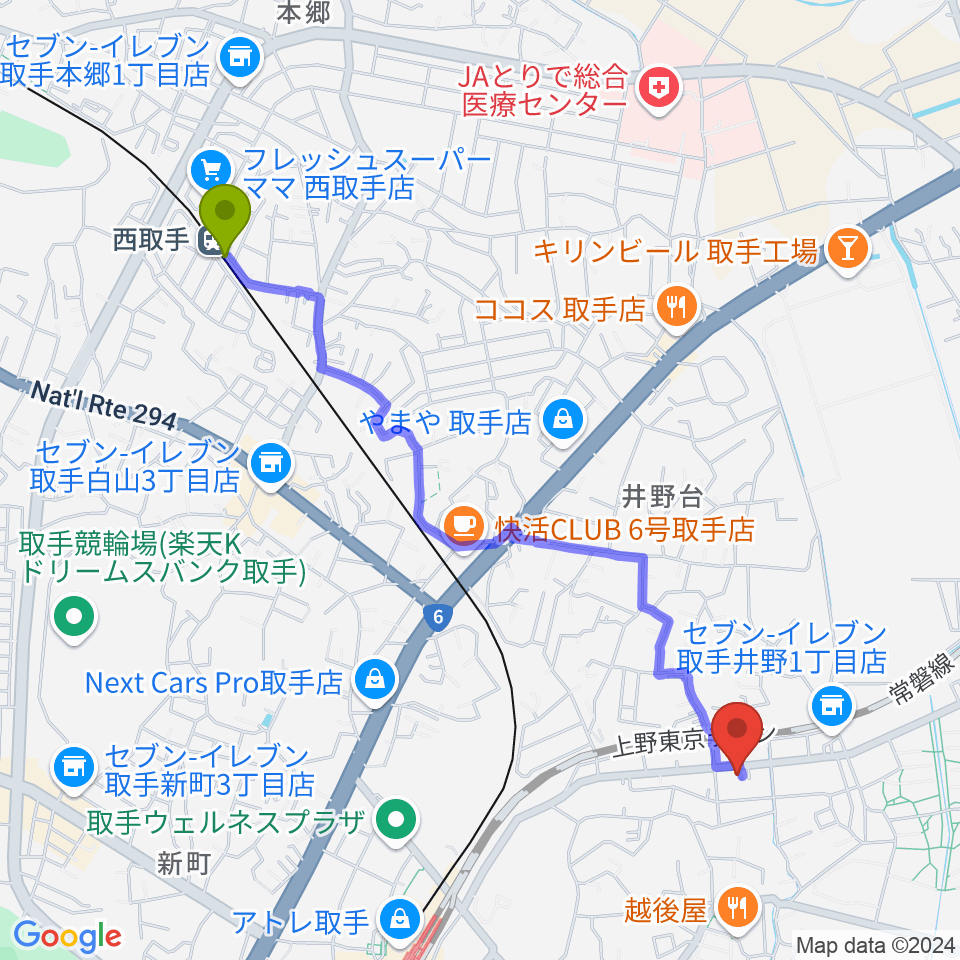 西取手駅から取手Atelier ju-tou（アトリエ ジュトウ）へのルートマップ地図