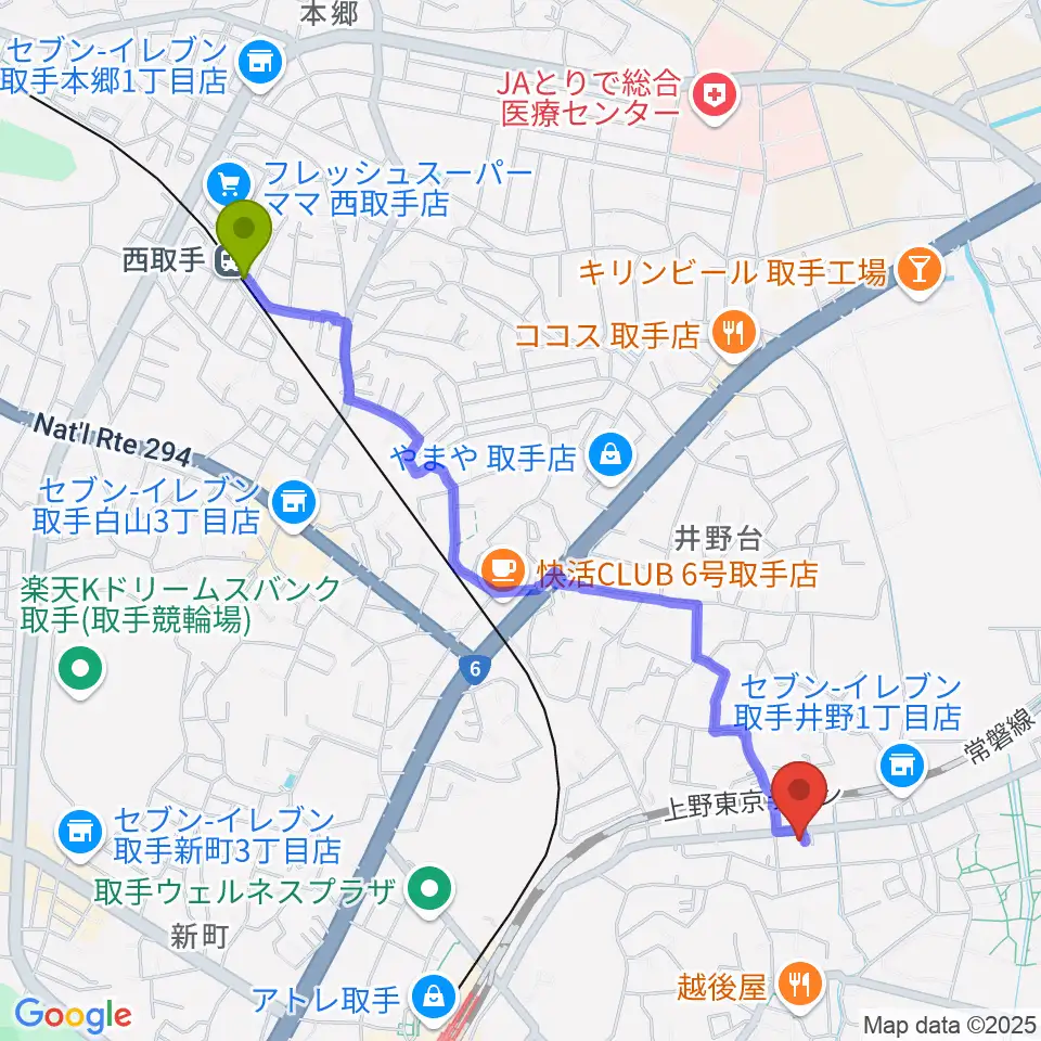 西取手駅から取手Atelier ju-tou（アトリエ ジュトウ）へのルートマップ地図