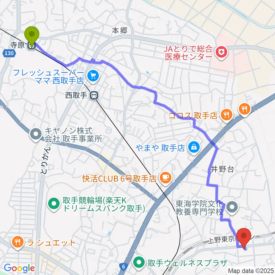 寺原駅から取手Atelier ju-tou（アトリエ ジュトウ）へのルートマップ地図