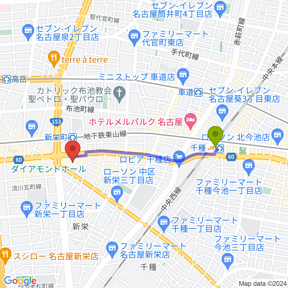 千種駅から名古屋ダイアモンドホールへのルートマップ地図