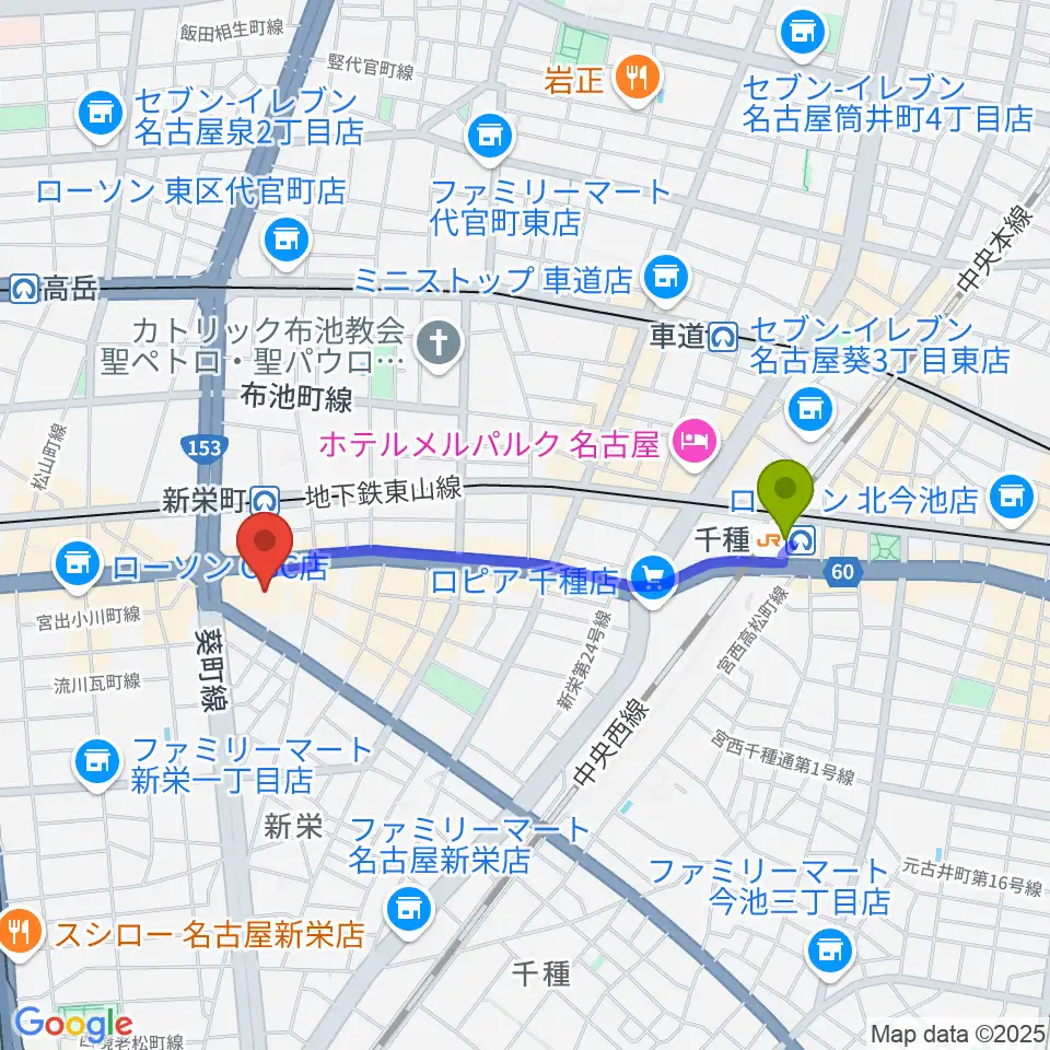 千種駅から名古屋ダイアモンドホールへのルートマップ地図