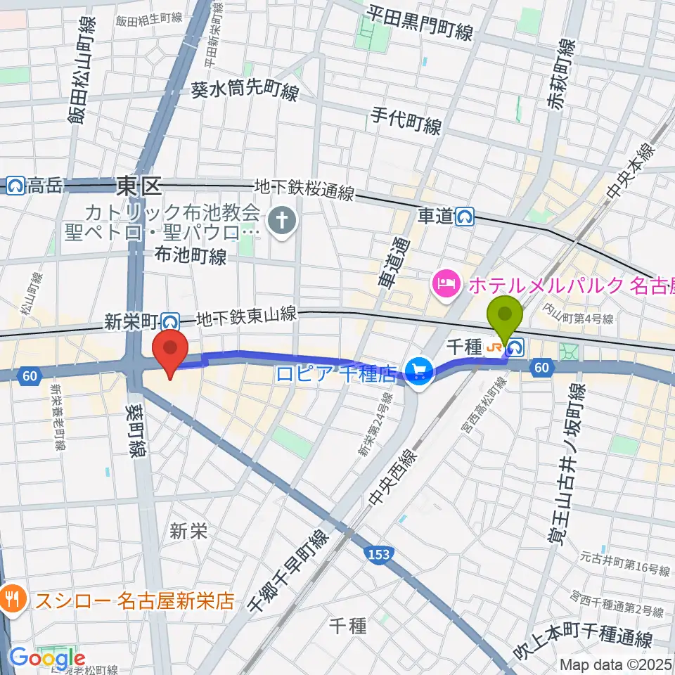 千種駅から名古屋ダイアモンドホールへのルートマップ地図
