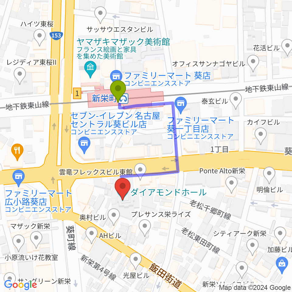名古屋ダイアモンドホールの最寄駅新栄町駅からの徒歩ルート（約3分）地図
