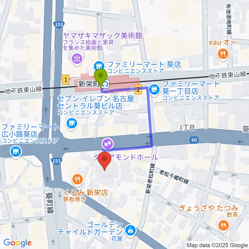 名古屋ダイアモンドホールの最寄駅新栄町駅からの徒歩ルート（約3分）地図