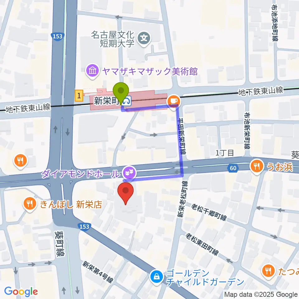 名古屋ダイアモンドホールの最寄駅新栄町駅からの徒歩ルート（約3分）地図