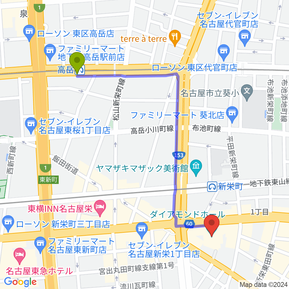 高岳駅から名古屋ダイアモンドホールへのルートマップ地図