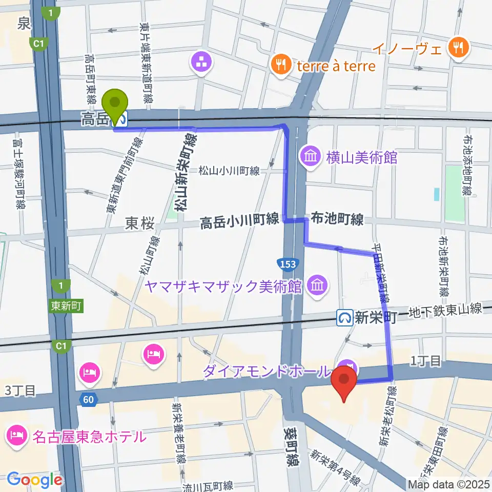 高岳駅から名古屋ダイアモンドホールへのルートマップ地図