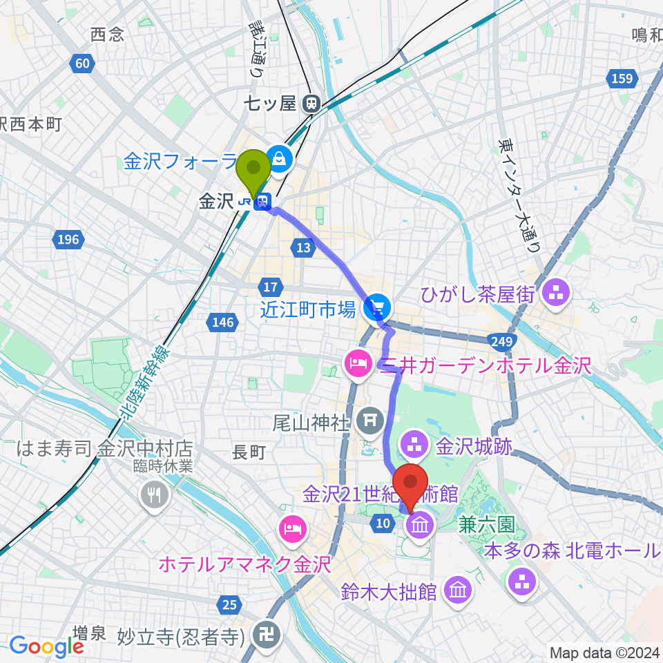 金沢駅からしいのき迎賓館へのルートマップ地図