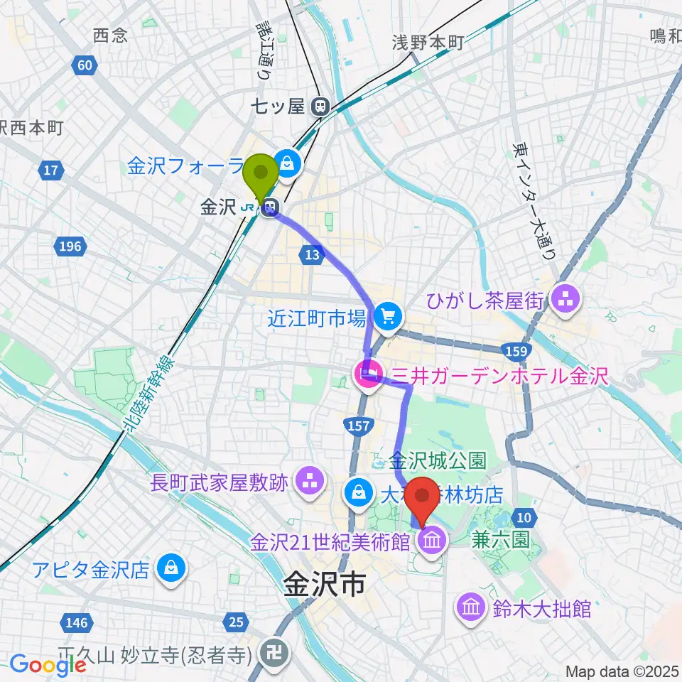 金沢駅からしいのき迎賓館へのルートマップ地図