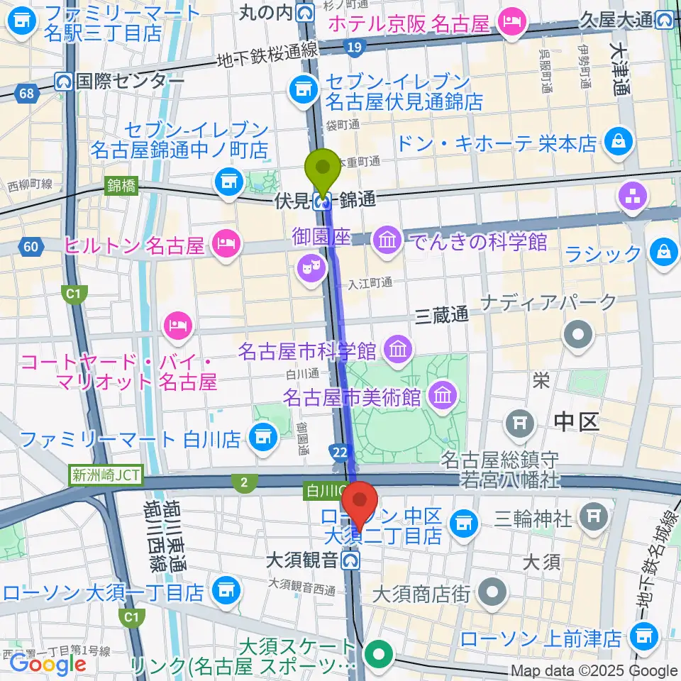 伏見駅から名古屋エレクトリックレディランドへのルートマップ地図