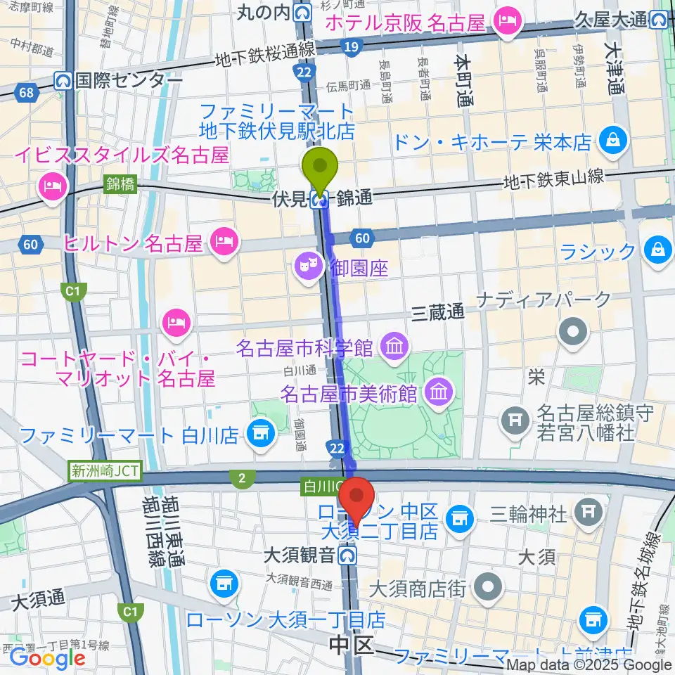 伏見駅から名古屋エレクトリックレディランドへのルートマップ地図