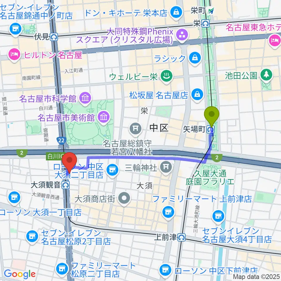 矢場町駅から名古屋エレクトリックレディランドへのルートマップ地図