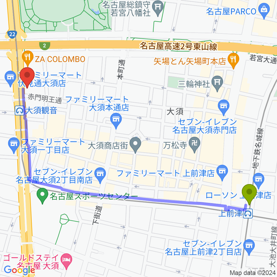 上前津駅から名古屋エレクトリックレディランドへのルートマップ地図
