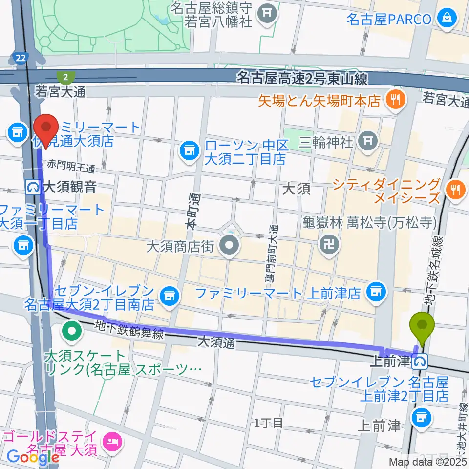 上前津駅から名古屋エレクトリックレディランドへのルートマップ地図