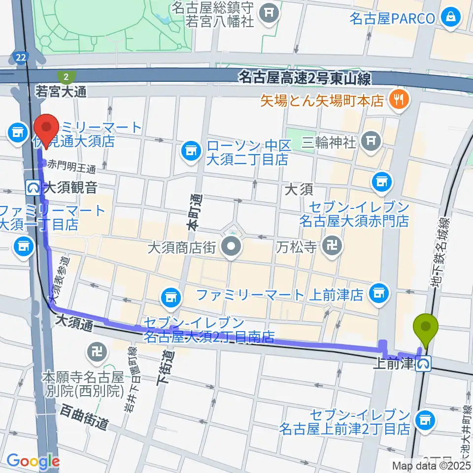 上前津駅から名古屋エレクトリックレディランドへのルートマップ地図