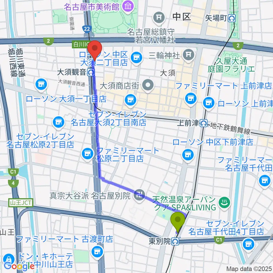 東別院駅から名古屋エレクトリックレディランドへのルートマップ地図