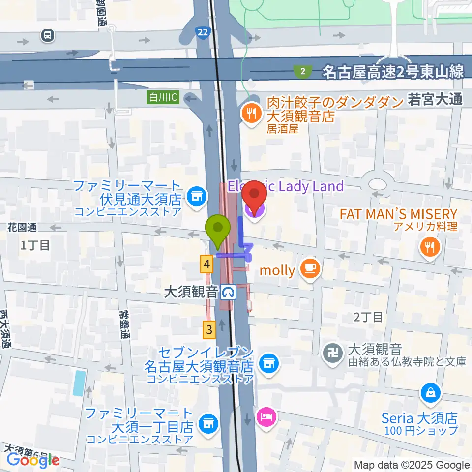 名古屋エレクトリックレディランドの最寄駅大須観音駅からの徒歩ルート（約1分）地図