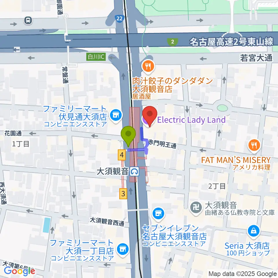 名古屋エレクトリックレディランドの最寄駅大須観音駅からの徒歩ルート（約1分）地図