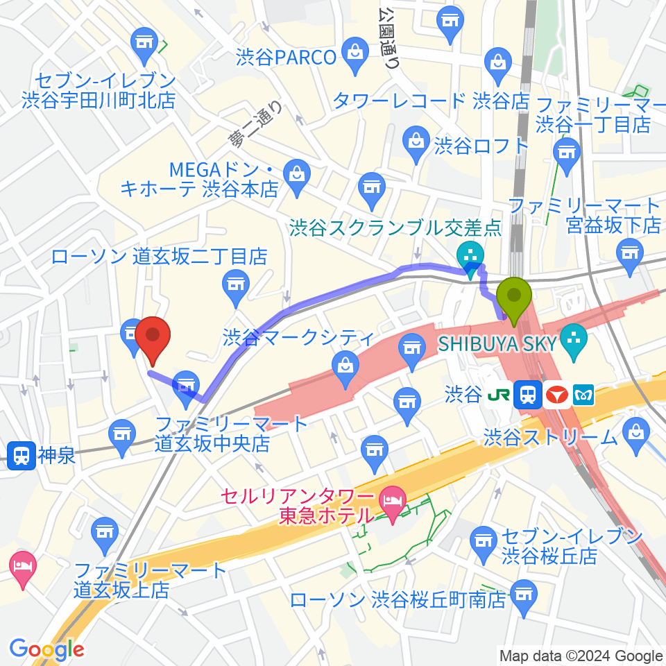 渋谷駅から渋谷DESEO miniへのルートマップ地図